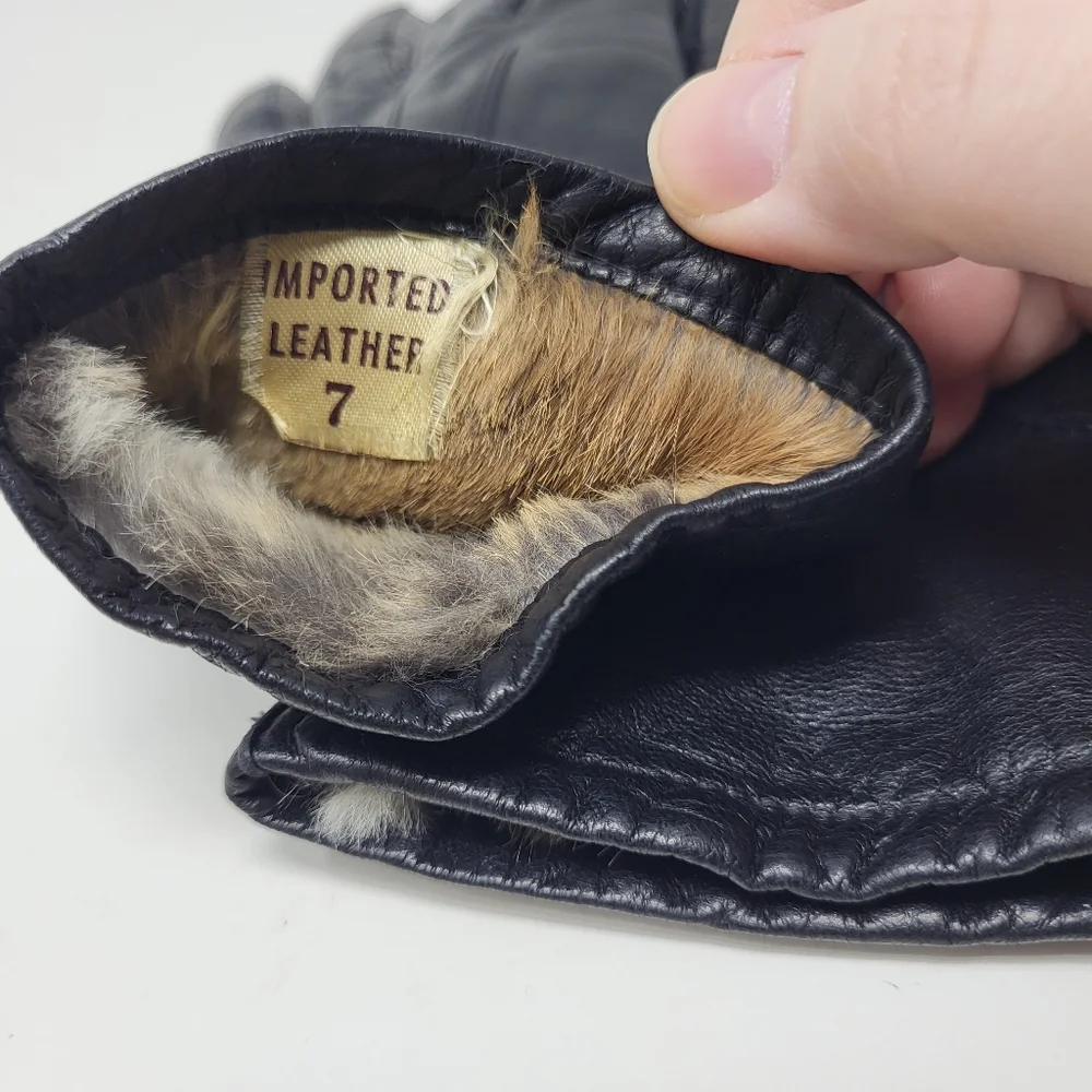 Vintage Leather‎ Fur Lined Gloves Black Driving Warm Retro 7